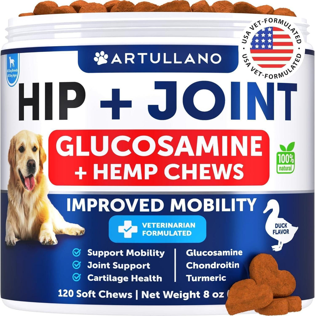 Hip and joint chews for dogs front label glucosamine supplement bottle