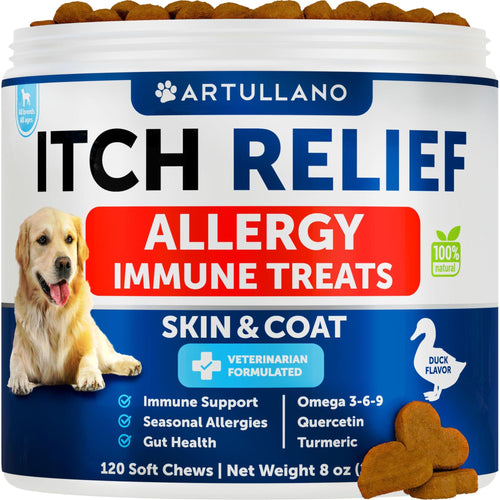 Allergy and immune chews for dogs front label skin relief supplement