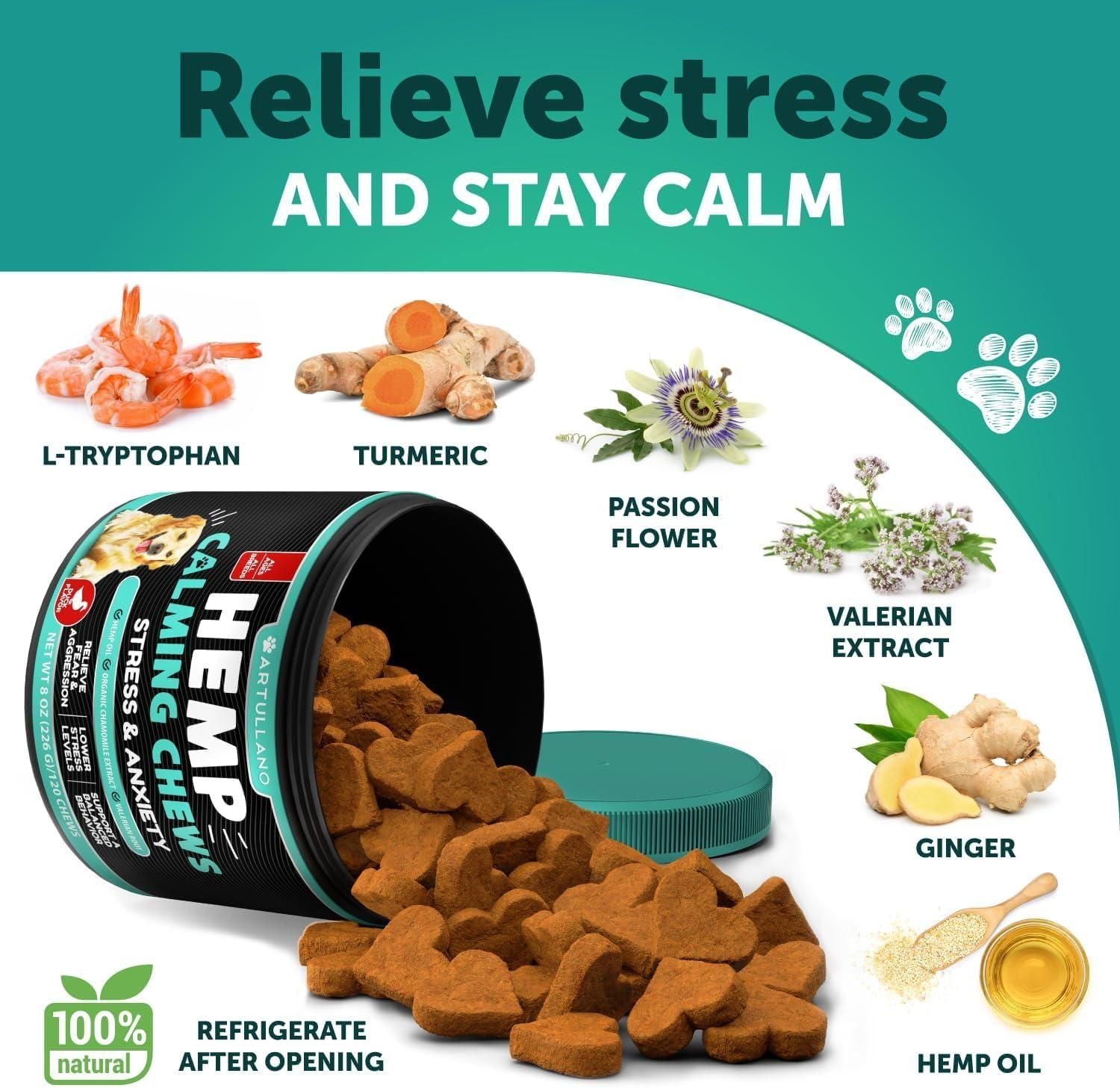Dog with melatonin calming chews natural anxiety relief supplement
